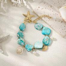 1 Brățară din oțel inoxidabil cu stea de mare aurie; Brățară cu mărgele de scoici pentru accesorii de modă pentru femei