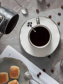 Bộ 1 tách và đĩa cà phê gốm cao cấp hình cột, tách và đĩa cà phê viền bạc sang trọng, thích hợp dùng tại nhà, văn phòng, dùng làm tách cà phê, tách đồ uống. - Nhiều màu - Xem 4