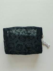 Sanrio 1pc Kitty Flocked & Mesh Portable Cosmetic Bag, Large Capacity Makeup Storage Pouch, Practical For Outdoor Use