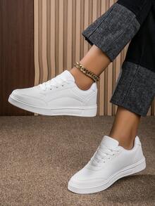New Summer Casual Women Pure White Sneakers, Student Flat Lace-Up Versatile Fashionable Comfortable Breathable Sport Shoes - Pure White - View 2