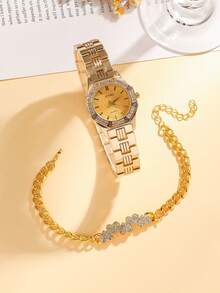 2pcs/Set Minimalist Rhinestone Roman Numeral Dial Stainless Steel Watch + Sparkling Heart Charm Bracelet, Suitable For Birthday, Graduation, Teen Gifts - Gold - View 3