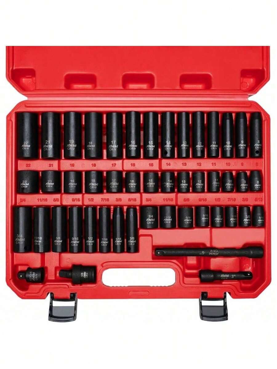 3/8" Drive Impact Socket Set, 48-Piece Standard SAE (5/16 To 3/4 Inch) And Metric (8-22mm) Size, 3" And 6" Drive Extension Bar, Impact Universal Joint, 3/8" To 1/2" Impact Adaptor, CR-V