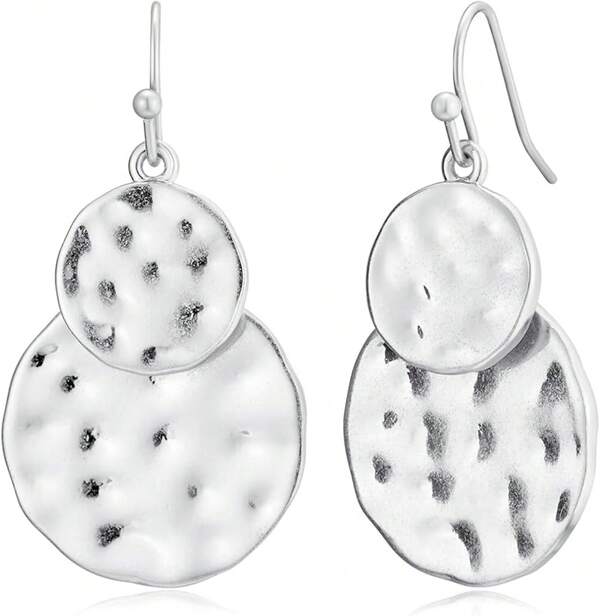 Antique Gold Hammered Disc Drop Earrings Boho Earrings With Two Tone Jewelry