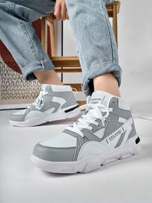 Men's Fashion Letter Pattern Contrast Color Leather Patchwork Lace-Up High-Top Casual Shoes, Personalized Comfortable Versatile Outdoor Daily Commute Flat Sports Sneakers, Great For Casual Jeans Sports Style - white ash - View 9