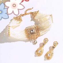 1 Set de Collar y Pendientes de Perlas Falsas, Juego de Joyas Nupciales, Tono Dorado Marroquí