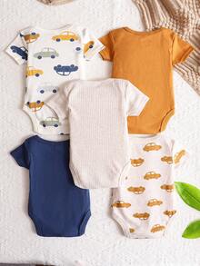 5PCS Car Pattern Round Neck Short Sleeve Solid Color Full Print Pattern Towel Embroidered Bodysuit For Boys, Girls, Baby Triangle Bodysuit Outdoor Fashion Dressing For Spring, Summer, Autumn - Multicolor - View 3