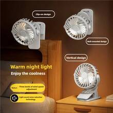 带夹子的便携式 LED 台扇，带夜灯的 USB 可充电个人风扇，可调节气流，适合露营、居家、旅行 - 室内外使用，LED 显示屏，小夜灯，500mAh