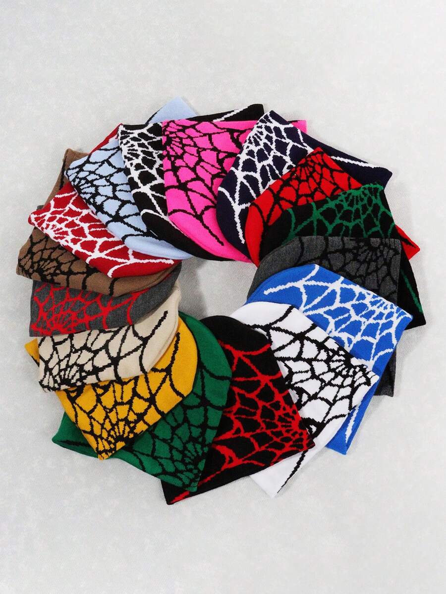 1/2 Piezas Gorros Y2K con patrón de tela de araña - Gorros góticos de acrílico tejido para uso casual y exterior para hombres - Multicolor - Ver 1