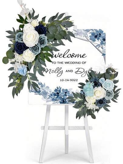 Set de 2 arcos de flores artificiales azul polvoriento, decoración de arco de boda y cartel de bienvenida, adecuado para ceremonia y recepción de boda