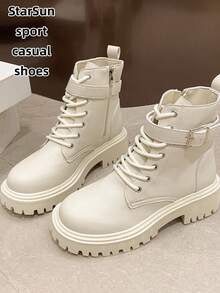 Damen Metall Schnalle Schnürstiefel mit rundem Zehenbereich, Plateau-/Blockabsatz, Lederoberfläche, wasserdicht, leicht zu reinigen, Gummisohle, rutschfest, verschleißfest