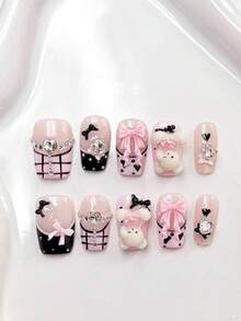 10PCS Short Coffin Handmade Press On Nails For Party And Daily Wear,Pink Color,Pink Nails,Pink Bow.Balloon Bear,Short Nails,Easy To Wear10pcs Y2K Handmade Press On Nails,Shining Bright , Summer Nails,Suitable For Girls And Women Festivals Parties And Daily Wear.Have A Size Map, You Can Choose A More Suitable Size Before Buying, To Avoid Buying The Wrong Size.Summer Nails Nail Supplies - Pink - View 8