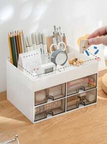1 pieza Caja de almacenamiento de escritorio con 4 cajones, organizador de soporte para bolígrafos y tarjetas para escritorio, adecuado para escritorio, maquillaje, cosméticos, útiles de oficina, para oficina, hogar, escuela, vuelta al cole, decoración del hogar, accesorios de baño para almacenamiento de mujeres, artículos esenciales de viaje, almacenamiento para dormitorio