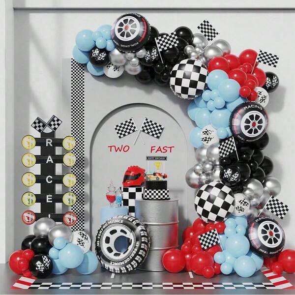 148Pcs/Set Race Car Balloon Garland Arch Kit Red Blue Black Latex Balloon Wheel Checkered Tire Foil Balloons For Race Car Theme Two Fast Birthday Party BabyShower Decoration