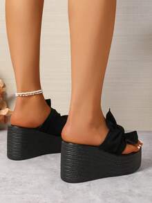 女式厚底坡跟学院风波西米亚蝴蝶结休闲度假时尚凉鞋 - 黑 - 查看 6