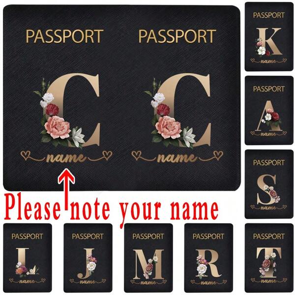Étui de passeport personnalisé en PU, étui de passeport portable, organisateur de passeport, étui de protection, étui de carte de visite de banque, étui de documents ultra-mince, étui porte-cartes d'identité, porte-monnaie, blocage RFID, pince pour billets d'avion, accessoires de voyage pliables personnalisés, impression de motif personnalisé de fleur dorée, lettre initiale pour bureau et entreprise