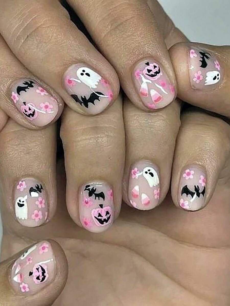 24 Móng Tay Vuông Ngắn, Móng Tay Giả Halloween Hình Con Dơi Ma Nhỏ Dễ Thương Màu Hồng Bí Ngô Hoa Hồng, Phụ Kiện Trang Trí Móng Tay Phù Hợp Để Đeo, Móng Tay Bấm, Phụ Kiện Làm Móng - Nhiều màu - Xem 1