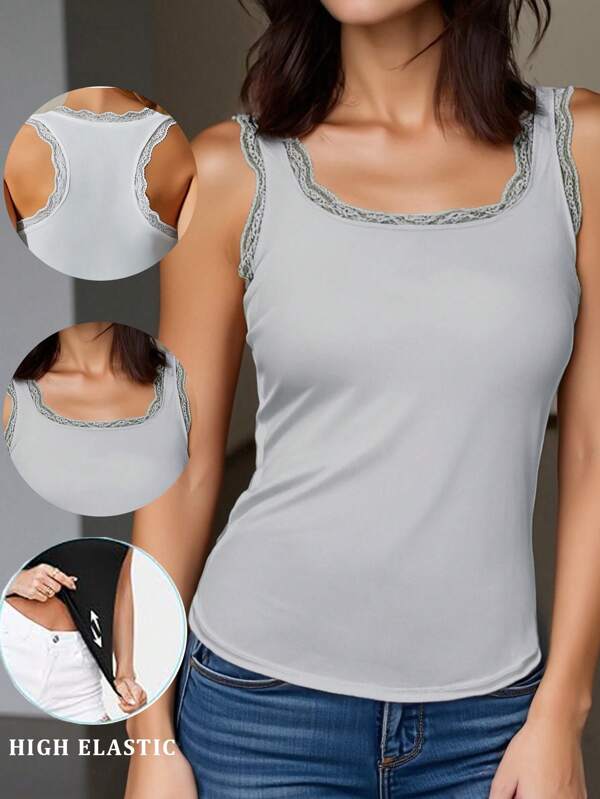 1 pieza Camiseta sin mangas ajustada y sexy con encaje de contraste para mujer, estilo veraniego casual