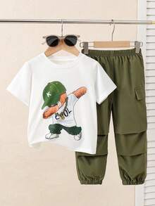Young Boys 2-Piece Set: Cartoon Bear & Green Hat Graphic Short Sleeve Top + Casual Cargo Pants Outfit, Summer - White - View 1
