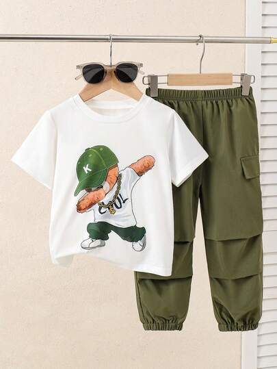 Young Boys 2-Piece Set: Cartoon Bear & Green Hat Graphic Short Sleeve Top + Casual Cargo Pants Outfit, Summer