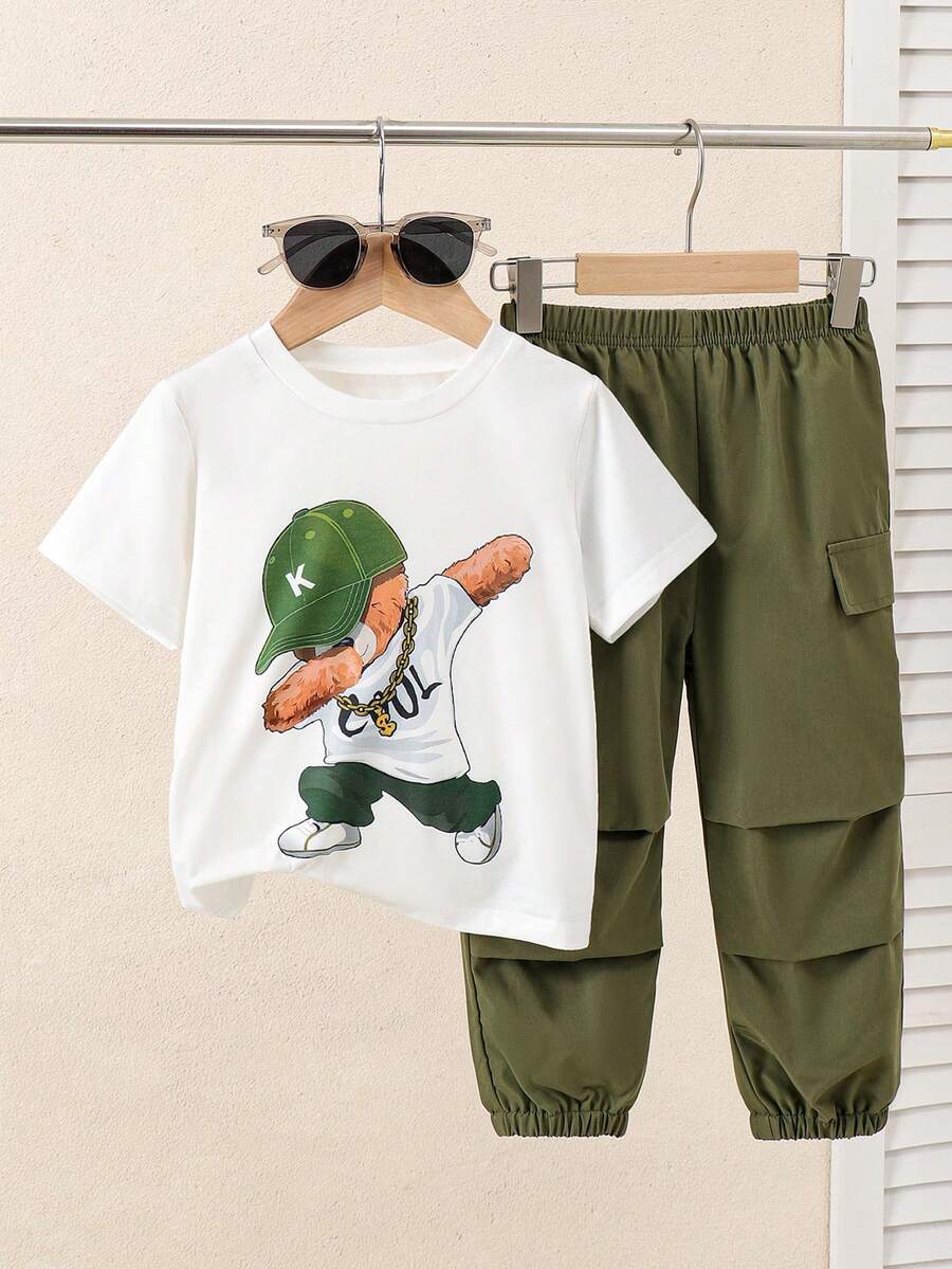 Young Boys 2-Piece Set: Cartoon Bear & Green Hat Graphic Short Sleeve Top + Casual Cargo Pants Outfit, Summer - White - View 1