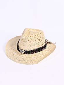 1 Stück Damen bunte Rinderkopf Kontrast-Farbgeflecht Strohhut, handgefertigter perlenbestickter Cut Out Retro Street Style britischer Jazz Panama Boho Sonnenhut, geeignet für Reisen, Wandern, Reiten, Dschungel, Strand, Golf, Spazierengehen, Dates, Kostümpartys, täglichen Gebrauch