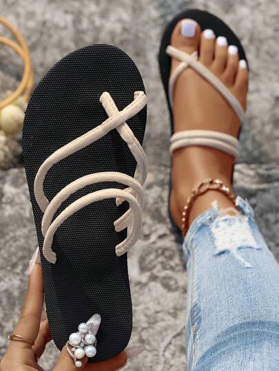 Dép xỏ ngón đế bằng màu trắng đơn giản thời trang dành cho nữ, dép đi trong nhà nhẹ, dép xỏ ngón Hawaii đi biển, giày đi biển cho học sinh