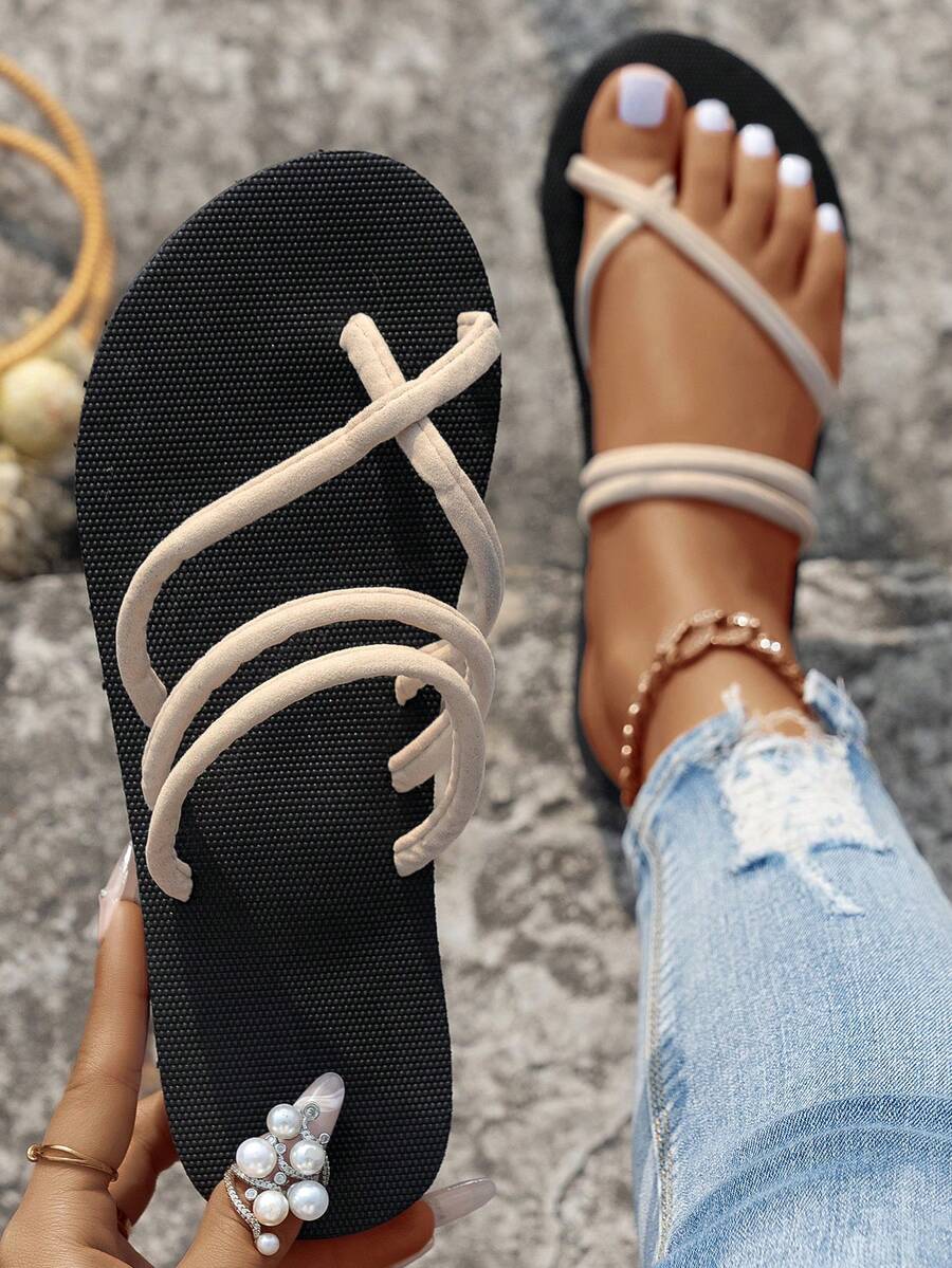 女士简约时尚甜美白色人字拖平底凉鞋，轻便室内拖鞋，沙滩夏威夷人字拖鞋，学生沙滩鞋 - 米色 - 查看 1
