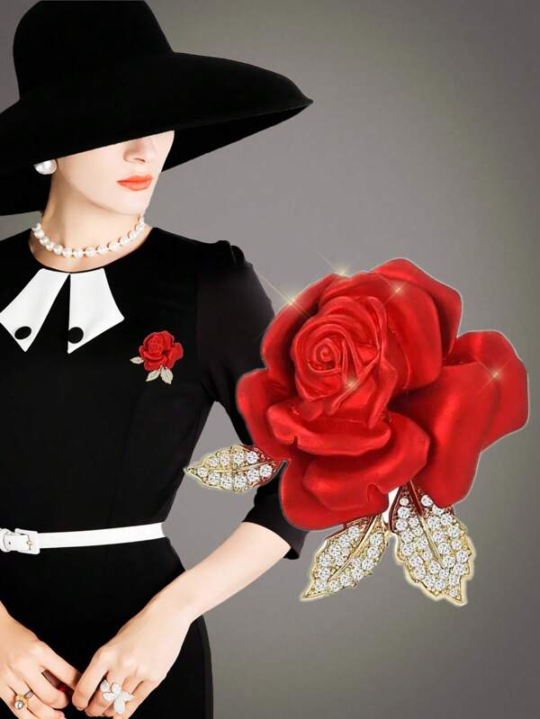 1 pieza Nuevo broche de strass, elegante broche de flor de rosa, decoración de moda para trajes, accesorio de boda, adecuado como regalo diario para novias, escuela, Halloween