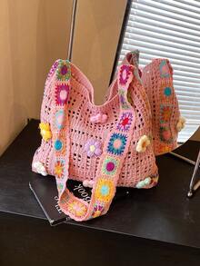 Dedoo Bohemian Style Women's Tote Bag, Large Capacity Open-Top Handbag, Beach Bag, Travel Accessory, Woven Texture, Suitable For Work, School, Beach, Crochet, Holiday (Flower Color/Position Random) (Strap Color/Pattern Random) - Pink - View 5