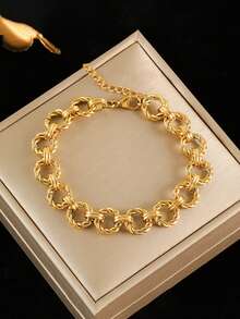 1件装不锈钢几何圆形设计时尚个性嘻哈风格手链，适合作为礼物和日常佩戴 - 金黃色 - 查看 1
