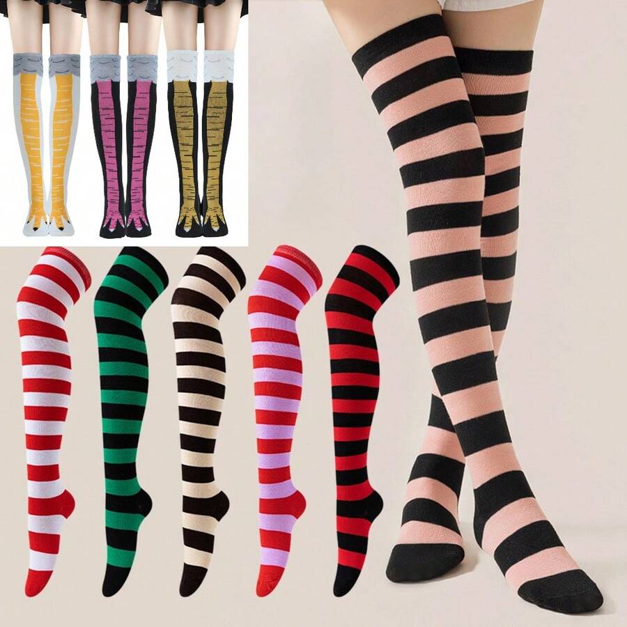 1 Pair Thigh High Socks, Anime Cosplay Role Play Style Striped & Solid Colors, Fall Socks