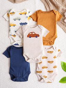 5PCS Car Pattern Round Neck Short Sleeve Solid Color Full Print Pattern Towel Embroidered Bodysuit For Boys, Girls, Baby Triangle Bodysuit Outdoor Fashion Dressing For Spring, Summer, Autumn - Multicolor - View 2