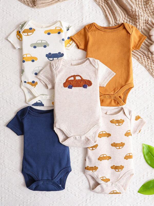 5 Stück Baumwolle Auto Muster Rundhals Kurzarm einfarbig Volldruckmuster bestickter Jumpsuit für Jungen, Mädchen, Baby Dreieck Ha Yi Outdoor Mode Kleidung für Frühling, Sommer, Herbst