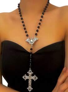 1 pièce Collier de chapelet fait main, perles de prière, pendentif croix traditionnel, charme de chauve-souris de sorcier, bijoux gothiques d'Halloween
