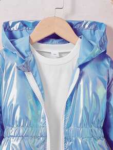 Chaqueta cortavientos de niña de color púrpura láser, multifuncional, de moda, personalizada, fresca, con diseño especial de cintura, sudadera con capucha de longitud media con cremallera, adecuada como regalo para la hija - Azul - Ver 5