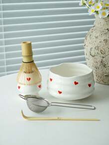 1pc/2pcs/4pcs/5pcs Hand-Painted Heart Matcha Tea Set, Cute Matcha Bowl, Tea Whisk, Tea Spoon, Complete Matcha Tea Utensils Set, Suitable For Matcha Beginners, Gift For Matcha Lovers, Birthday Present Back To School