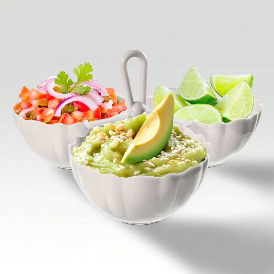 Salsera triple 6 piezas plástico 250ml 3 compartimentos cocina hogar resistente fácil limpiar presentación práctica multifuncional para salsas condimentos snacks ensaladas organización mesa eventos fiesta duradero colores variados - Blanco - Ver 1