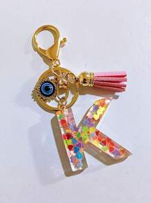 1 pieza Llavero con inicial de alfabeto, llavero de pompón de peluche lindo, accesorio colgante para bolso, mochila, coche, mujer y niña. Llavero de resina con lentejuelas, accesorios para billetera y bolso, llavero con borlas, inicial de alfabeto de la A a la Y, accesorios para coche, ideas de regalo de Navidad gótico y Y2K