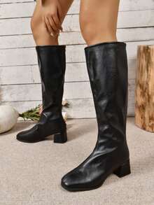 Fall/Winter 2025 Plus Size Women's Leather Zipper Back Wide Calf Chunky Heel Riding Boots, European Fashion,Black Boots - Black - View 5