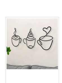 3pcs Set Modern Black Metal Coffee Cup Wall Hanging Art, Cafe Home Decor, Crafts Wall Decor, Suitable For Living Room, Dining Room, Kitchen Background, Indoor Use (With Installation Screws)
