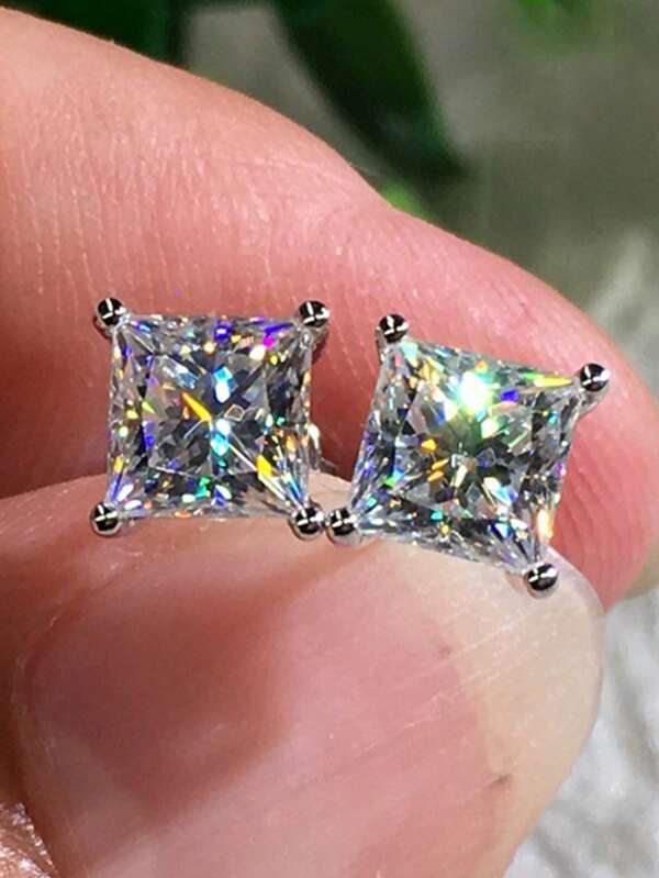2pcs Square Zirconia Stud Earrings Teens Girls Boys Silver Plated Earrings Simple Accessories Back-To-School Jewelry Gift For Daughter Girlfriend Friendship