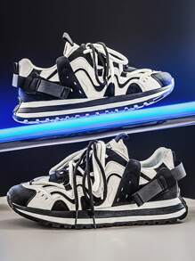 Men's Daddy Shoes Multi-Color Striped Leather Stitching Niche Design Advanced Casual Sports Shoes Men's Holiday Travel Comfortable And Light Thick-Soled Wear-Resistant Non-Slip Small Essential Height Shoes Men's Outdoor Casual Shoes Men's Wearing Low-Cut Lace-Ups
