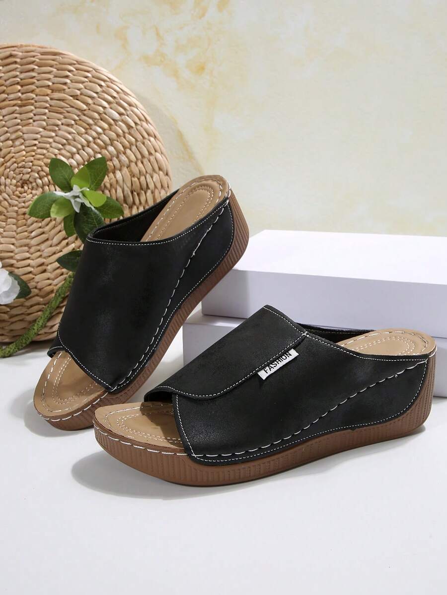 女式厚底拖鞋，字母印花波西米亚休闲运动风格，海滩和家居，夏季