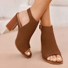 Women's Cutout Peep Toe Stacked Heeled Sandals Ankle Strap Buckle Booties - Khaki - View 2