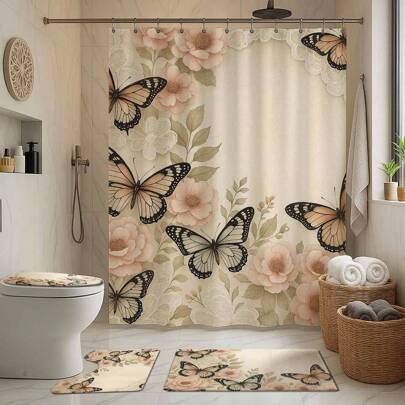 Juego de 1/4 piezas de decoración de baño con flores rosas y mariposas, incluye cortina de ducha, alfombra de baño, tapa de inodoro en forma de U, a prueba de agua, lavable, cortina de partición de estilo moderno, sin necesidad de perforar