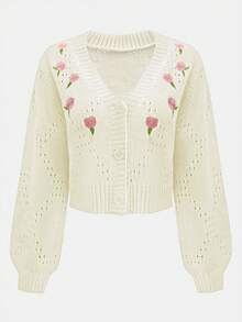 Korean Style Casual Boho Holiday Party Vintage Women Old Money Style Cute Airport Streetwear Country Concert Going Out Tops, Cosplay Halloween Costume, Halloween 2025 Sexy Witch Costume Going Out, Fall Women, Back To School Y2K, Country Concert, Fall Winter For Women, Goth Steampunk Women, Boho Holiday Party Work V-Neck Floral Embroidery Single-Breasted Hollow Regular Casual Versatile Fashion Knitted Cardigan