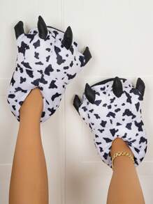 1 Pair Cartoon Cow Plush Slippers, Suitable For Feet Length 22.5-26CM, Unisex Children Indoor Home Wear, Soft Thick Warm Comfy For Autumn/Winter