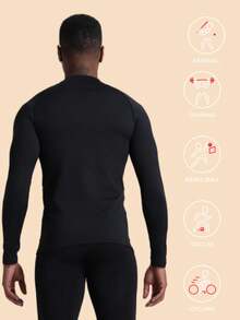 高弹速干压缩高领长袖男士塑身衣上衣，运动健身紧身衬衫 - 黑色 - 查看 4