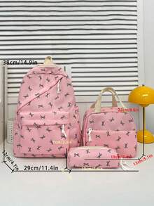 Conjunto de 3 piezas de mochila, estuche para lápices y bolso de mujer con estampado de moño, ligero y espacioso, adecuado para la temporada de regreso a la escuela - Multicolor - Ver 4