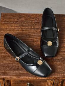 Women's Fashion Square Toe Low Vamp Black Patchwork Contrast Color Rivet Button Gold Button Shoes, Office Casual Versatile Flats, Spring/Summer Outdoor Play High-End Elegant Ballet Flats, French Square Toe Flats, Commuting Minimalist, Commuting To Work, Date Outfit, Street Shopping, Spring Picnic, 2024 New Versatile Chic Shoes - Black - View 3
